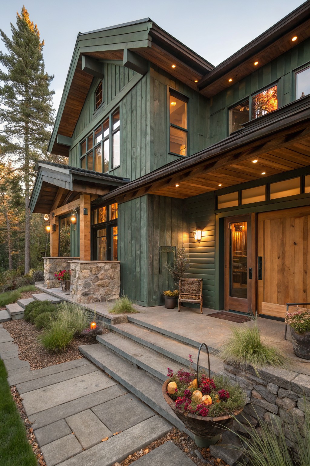 Two-story house exterior painted dark green with vertical siding, large windows, wooden porch and entry door, stone pillars, concrete steps, gravel path, ornamental grasses, potted plants, and a metal basket of pumpkins and flowers beside the steps.