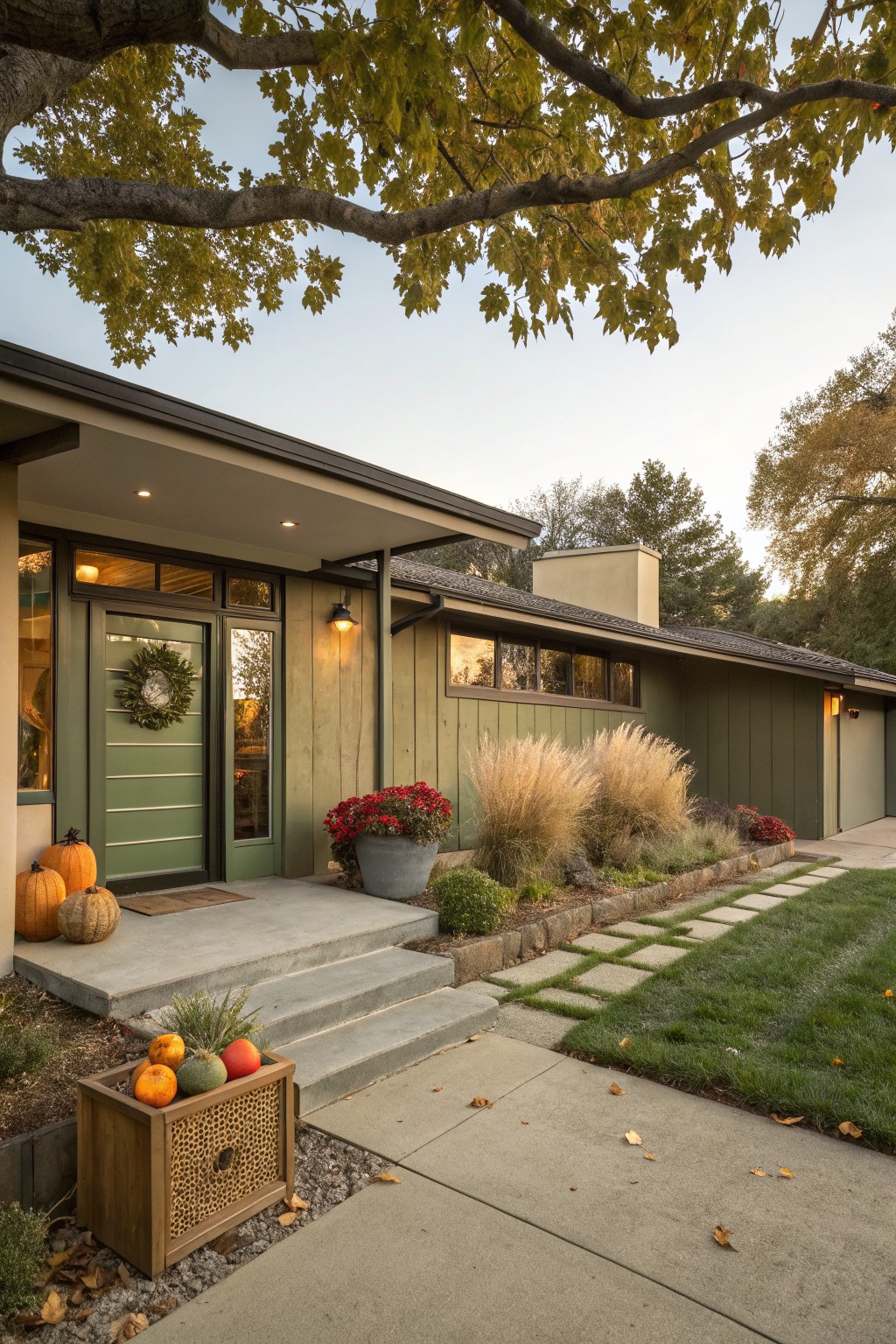 Sage green mid-century modern house exterior with vertical board-and-batten siding, green front door with evergreen wreath, orange pumpkins on concrete steps, pampas grass and plants in beds, and a wooden basket of fall produce nearby.