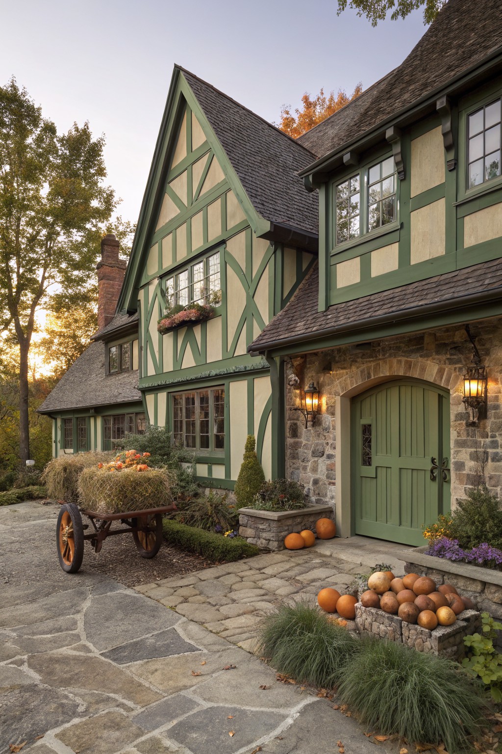 Green half-timbered Tudor house exterior with cream stucco walls, arched green wooden entry door in stone archway flanked by lanterns, stone paver pathway leading to the door, wooden hay wagon with straw and apples, clusters of pumpkins in stone box and on ground, fall grasses, and trees with autumn leaves.