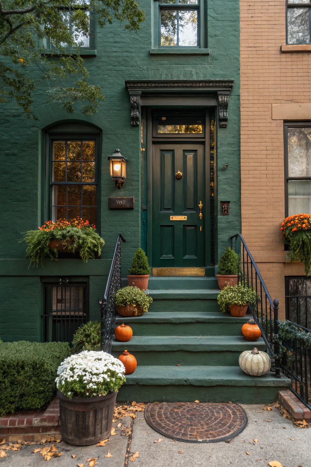 Dark green painted brick rowhouse exterior with glossy green front door, brass knocker, gas lantern, potted plants and chrysanthemums on steps, orange and white pumpkins clustered on stoop, wrought iron railing, and fall leaves on sidewalk beside beige brick neighbor.
