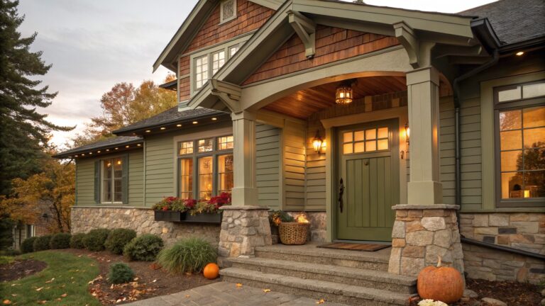Front exterior of a two-story sage green Craftsman-style house with gabled roofline, covered porch on stone pillars, green door, fall pumpkins on steps and planters, yellow mums, and lanterns.