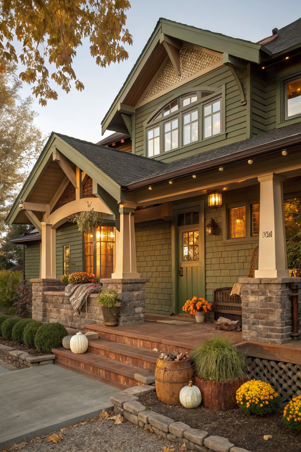 Front exterior of a two-story sage green Craftsman-style house with gabled roofline, covered porch on stone pillars, green door, fall pumpkins on steps and planters, yellow mums, and lanterns.