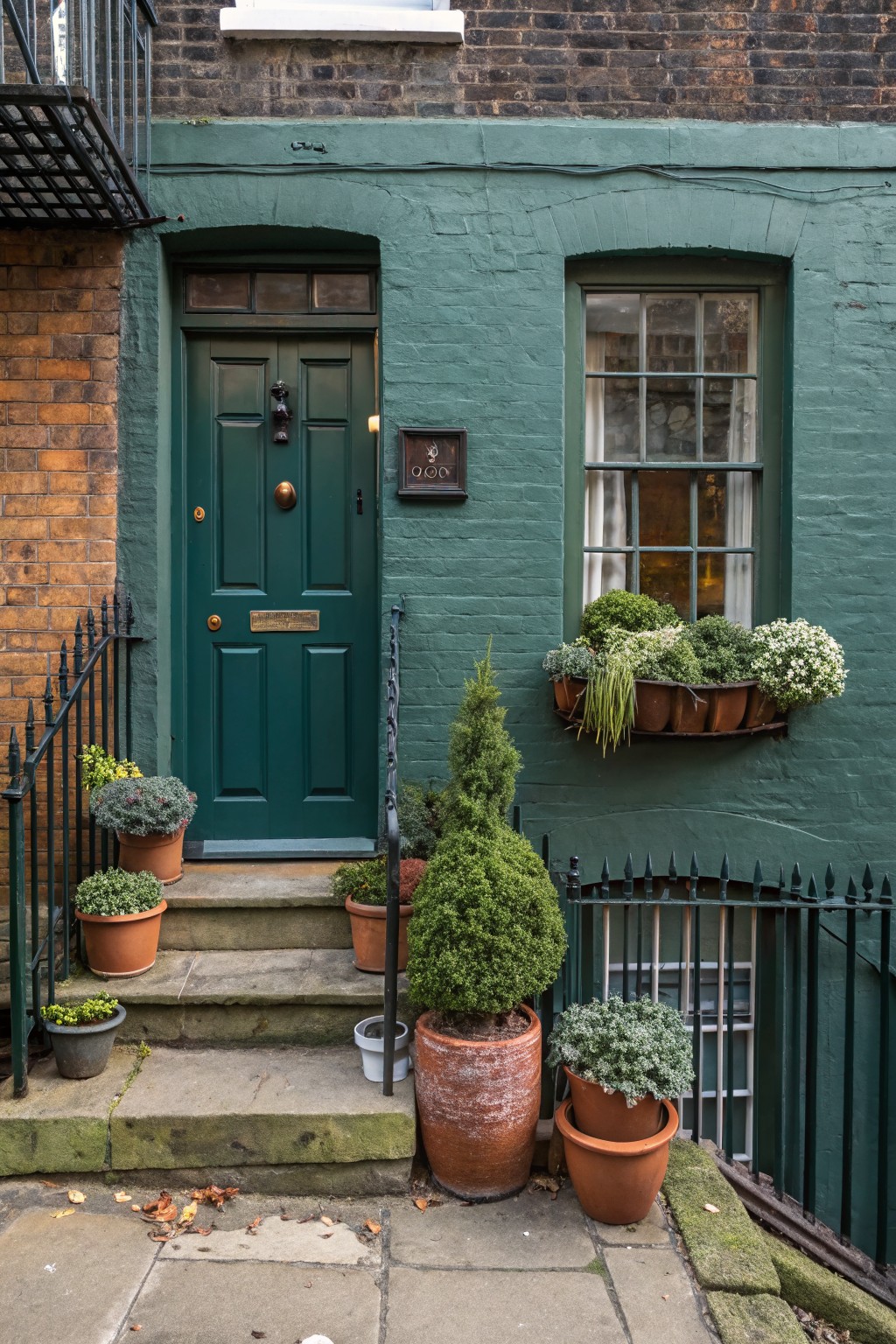 Teal green painted brick townhouse facade with dark green front door, brass knocker and plaque, multiple terracotta pots of topiary conifers succulents and flowers on steps and window box with herbs and white blooms, black iron railings, stone steps, fallen autumn leaves on pavement.