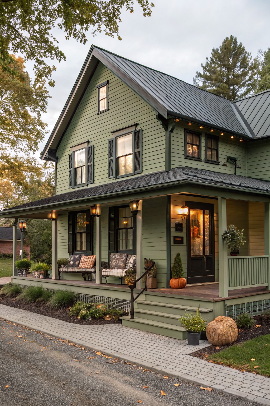 Two-story sage green clapboard house with black metal roof and wraparound porch, featuring wooden benches, lanterns, large pumpkins, potted plants, and steps leading to a black front door, with fall landscaping and pathway in front.