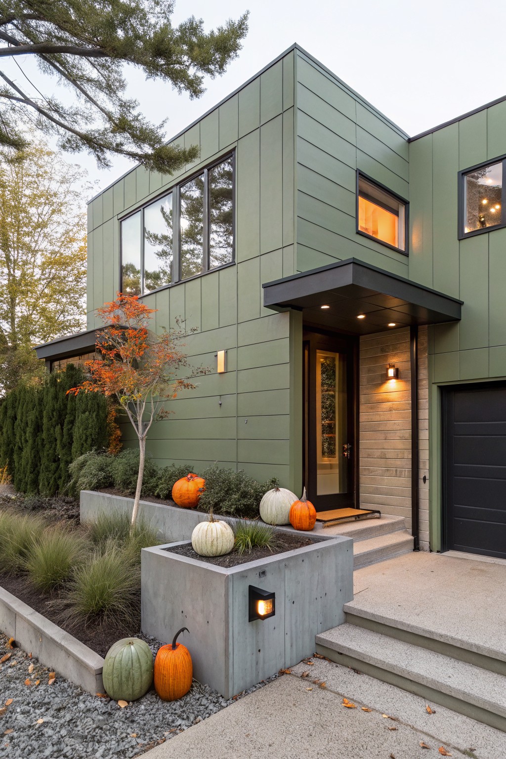 Contemporary green metal-paneled house corner at dusk featuring entry door, garage, concrete planters with white and orange pumpkins, steps, and fall foliage.