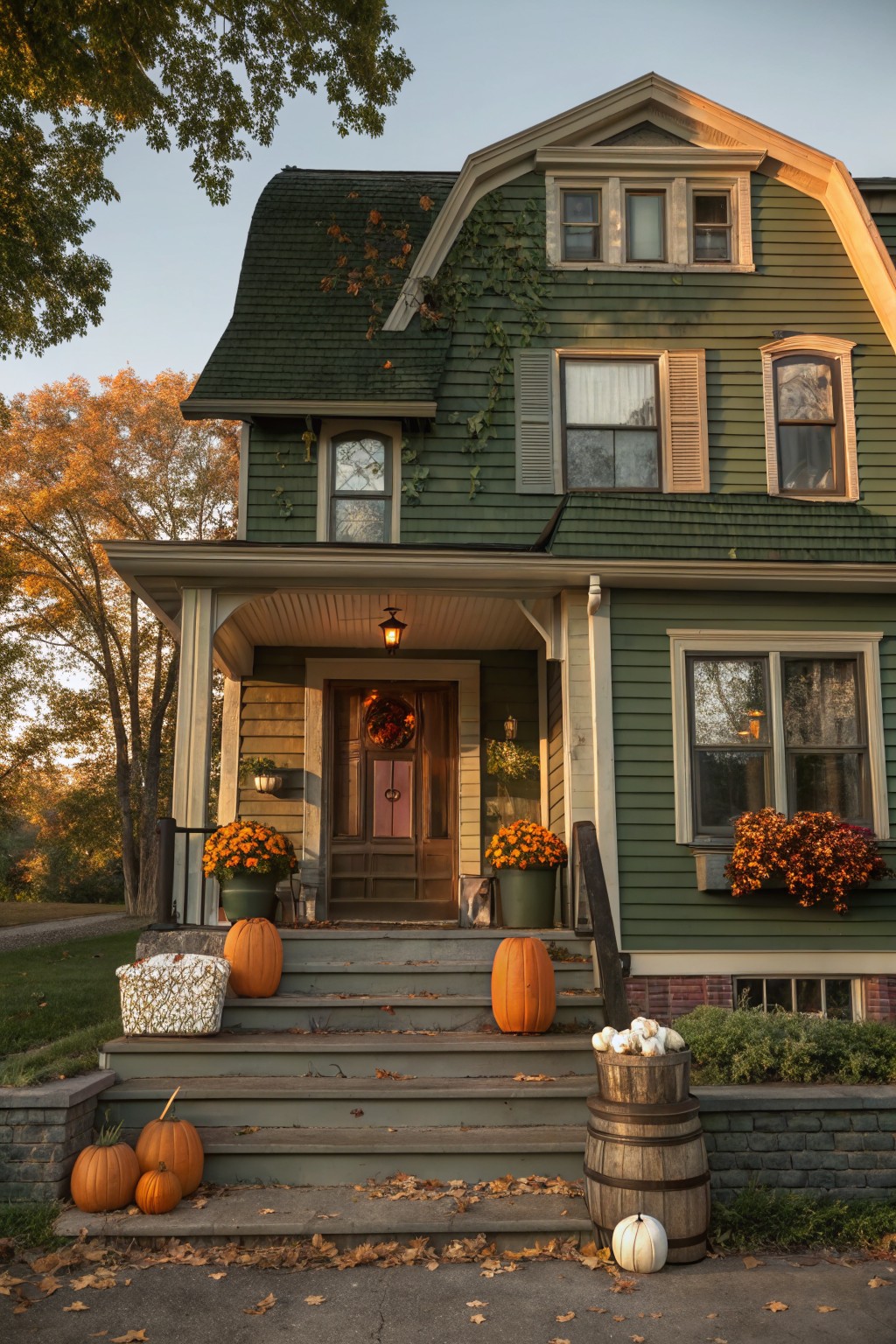 Green shingle-style two-story house with porch, decorated with pumpkins on steps, potted mums flanking the entry, a fall wreath on the door, and barrels of pumpkins at the base, amid autumn leaves and trees.
