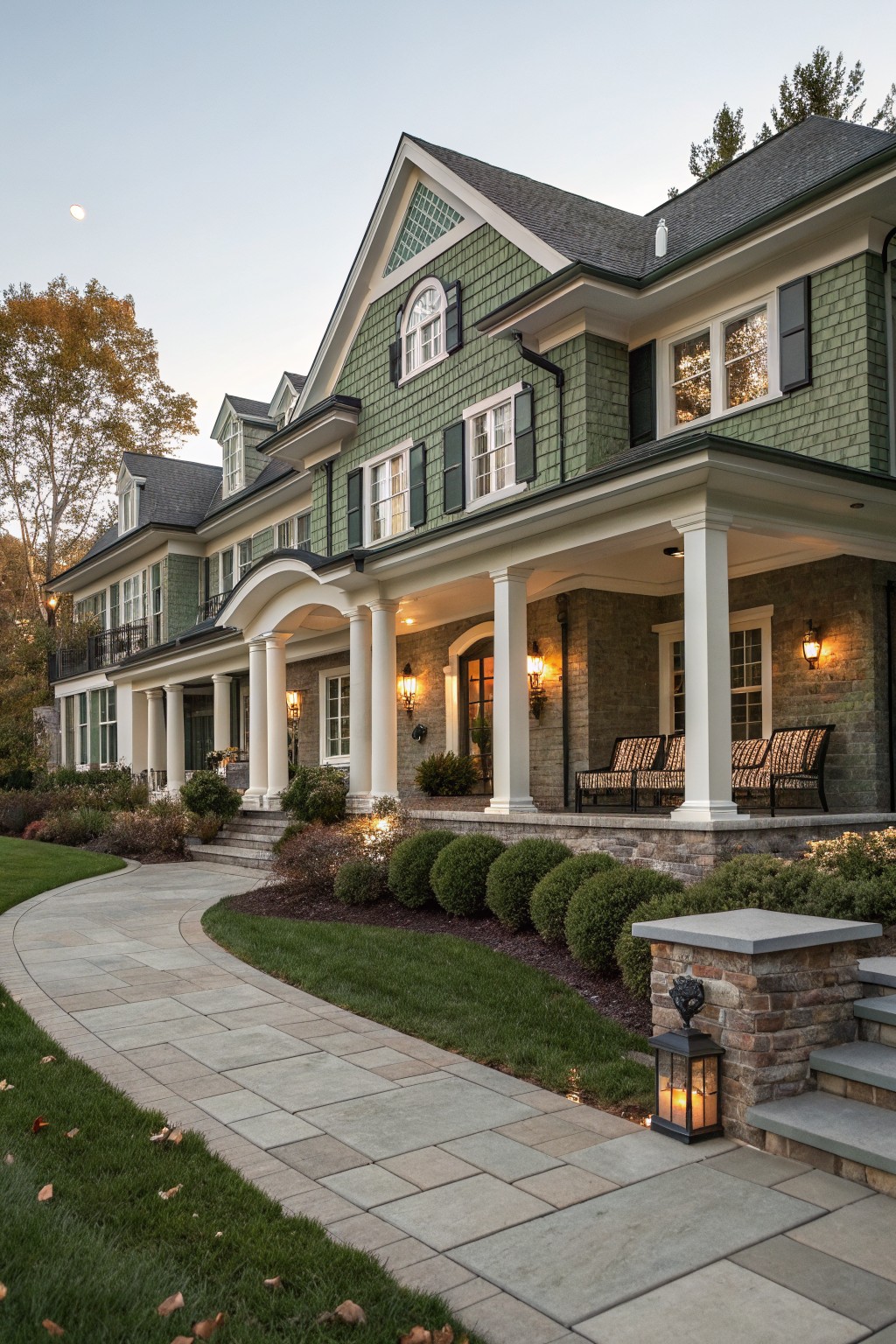 Green Shingle House with Columned Porch