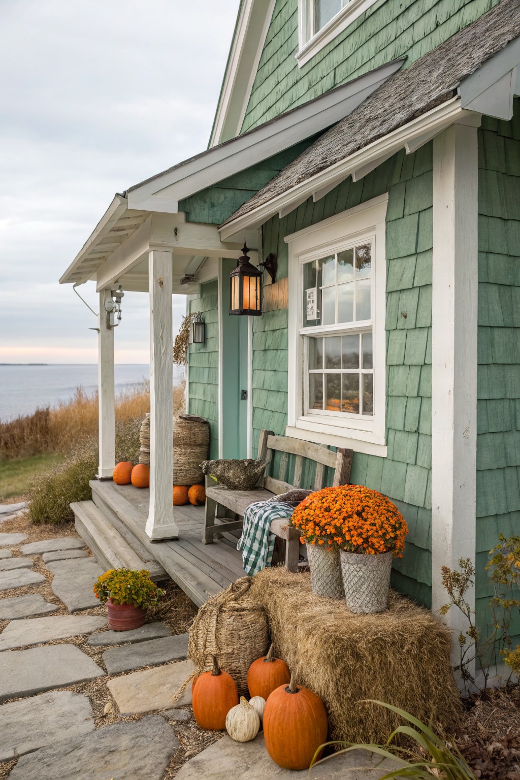 Green shingle-sided house exterior with covered porch displaying pumpkins, hay bales, woven baskets, and potted mums on a bench, set against a waterfront landscape in fall.