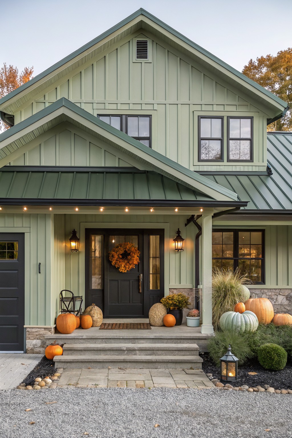 Front view of a two-story sage green board and batten house with green metal roof, covered porch, black front door with orange fall wreath, lanterns flanking door, assorted pumpkins on porch steps and beside chairs, fall grasses and plantings along stone foundation, gravel driveway.