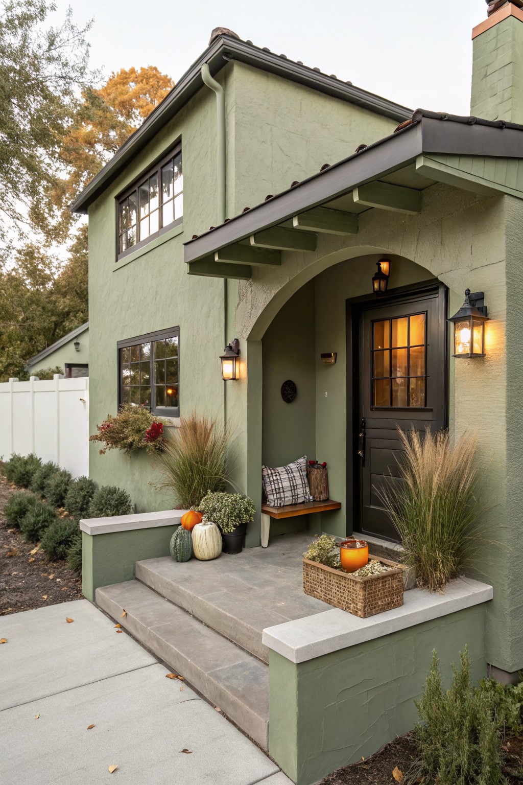 Sage green stucco house with arched porch entry, black paneled door, wooden bench, pumpkins, pampas grass, and lanterns along concrete steps and white fence.