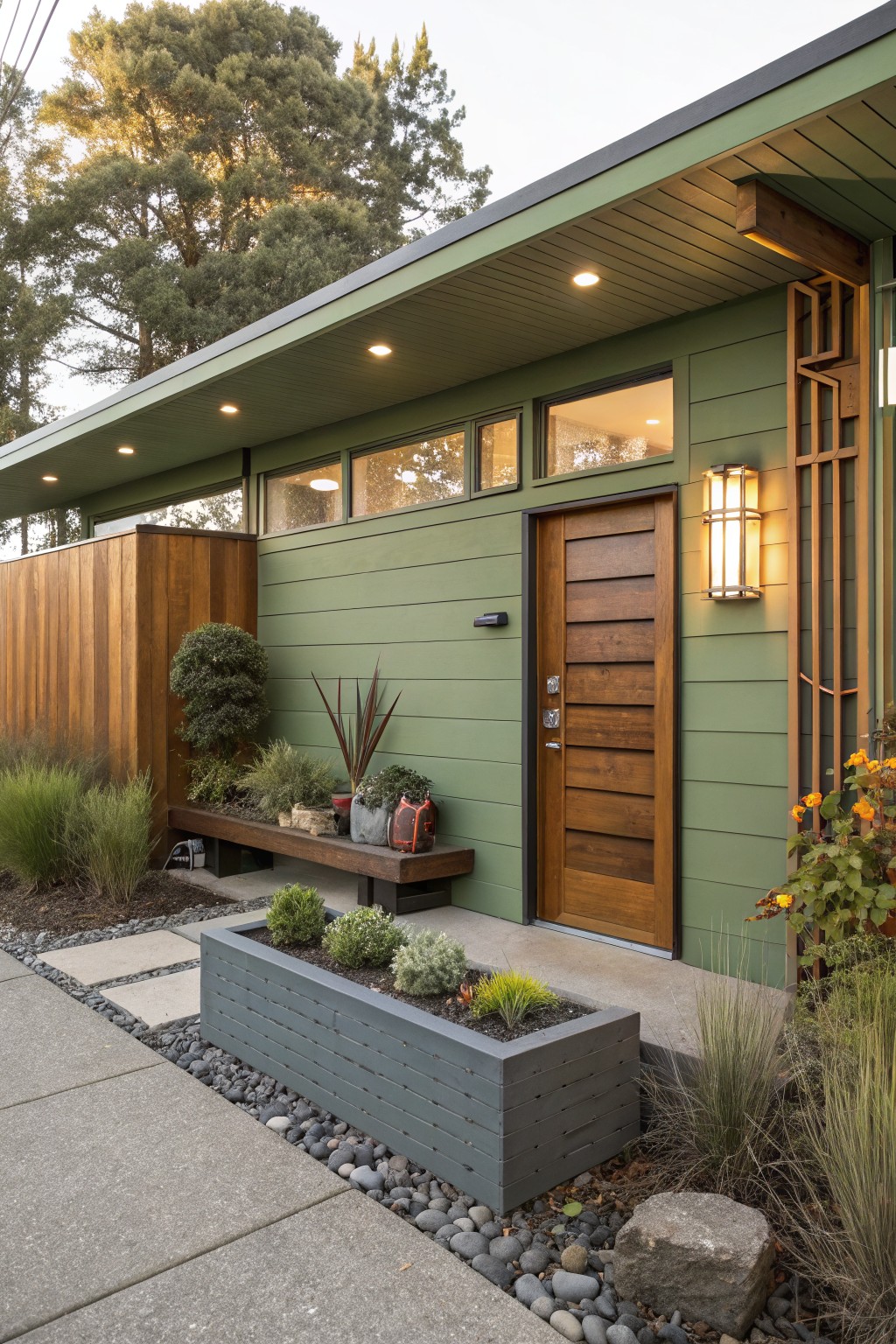 Exterior view of a sage green midcentury modern house facade featuring a dark wood plank entry door, wall-mounted lantern, built-in bench, potted plants, and surrounding gravel landscaping with stepping stones.