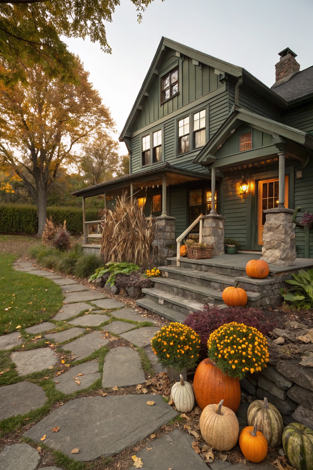 Green shingled house with covered porch, stone pillars and steps at the entry, decorated with clustered pumpkins, mum flowers, and ornamental grasses along a flagstone path.