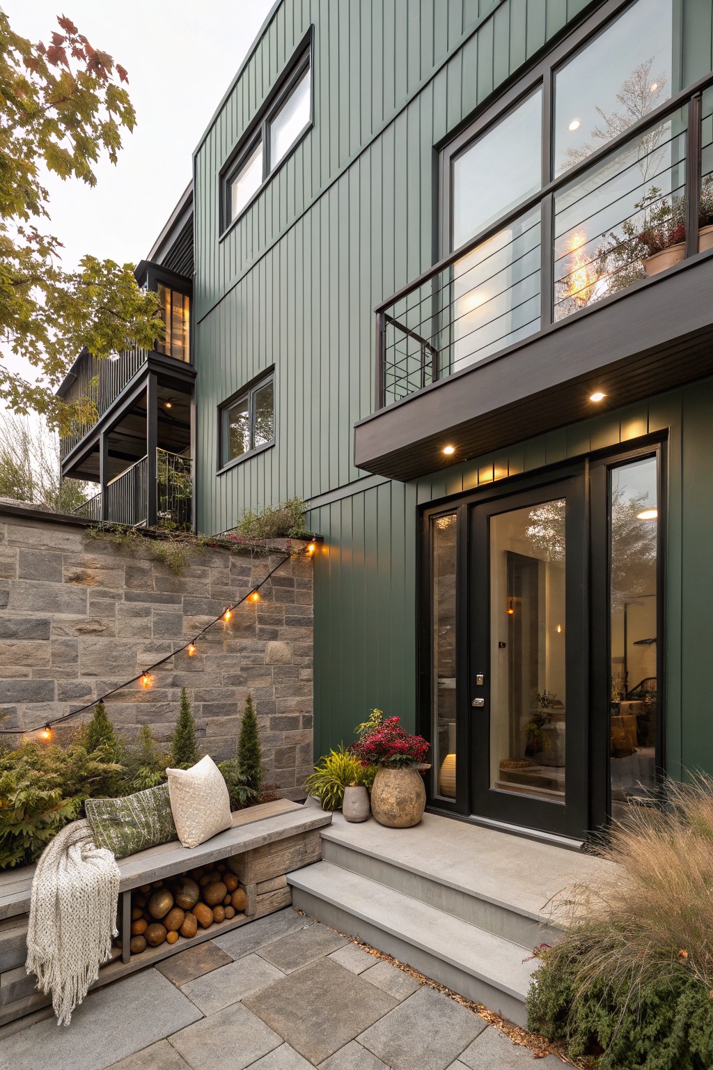 Modern two-story house with dark green vertical siding, black-framed glass entry doors, stone retaining wall strung with warm lights, wooden bench with pillows and cushions at concrete steps, potted plants, and fall foliage nearby.