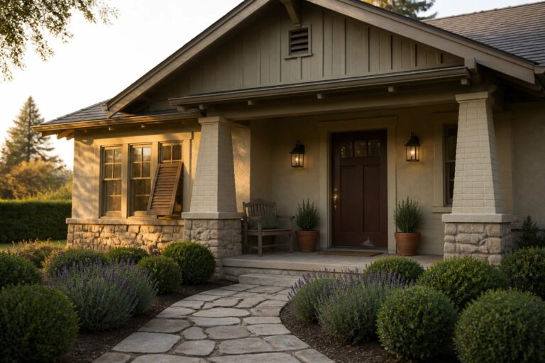 A house with warm taupe siding above a stone foundation, a dark wood front door, white brick columns, and a stone pathway bordered by shrubs and lavender.