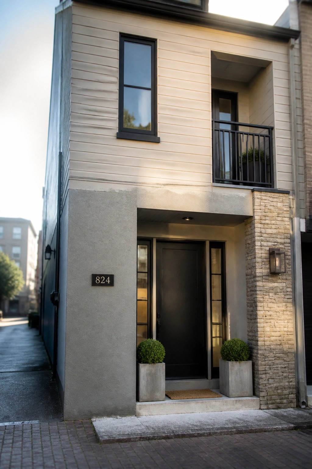 Modern beige building entrance with black door, balcony, and potted plants.