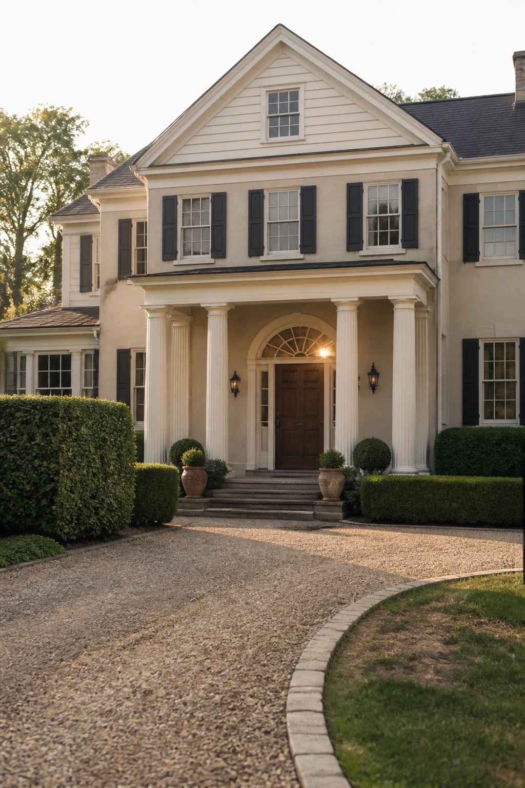 A two-story house with light beige siding, white columns supporting a portico, dark shutters on the windows, and a gravel driveway leading to the front steps.