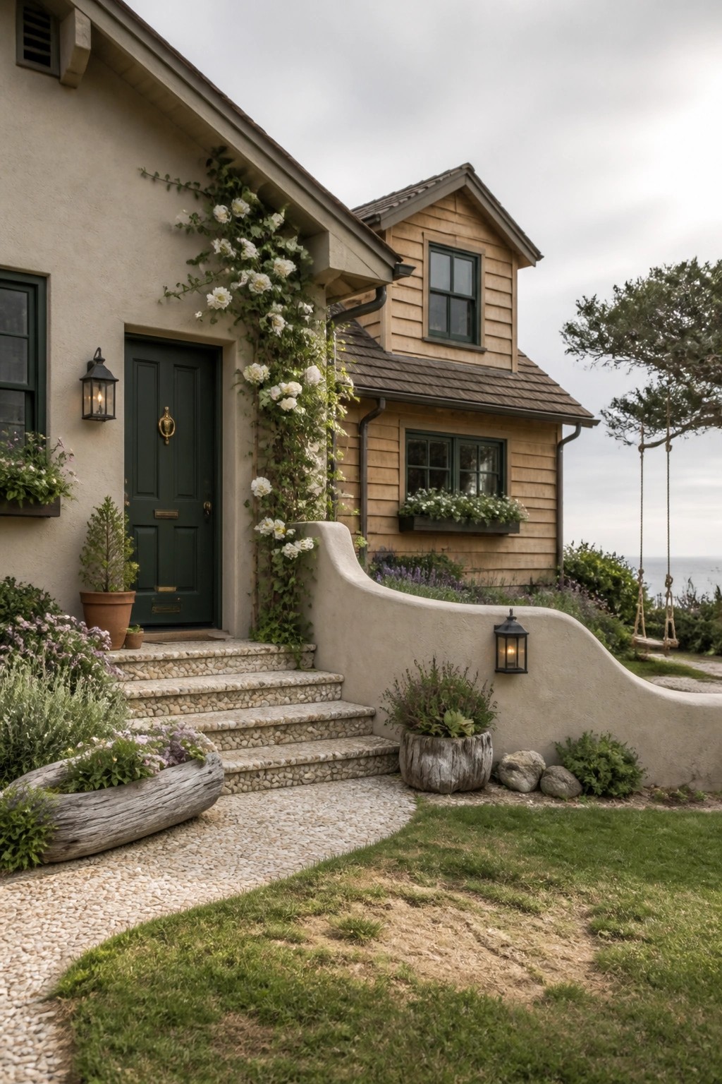 A two-story house with beige stucco walls, green trim and door, light wood upper siding, climbing white roses on the facade, stone steps, and a gravel path leading to a grassy area with a tree swing.