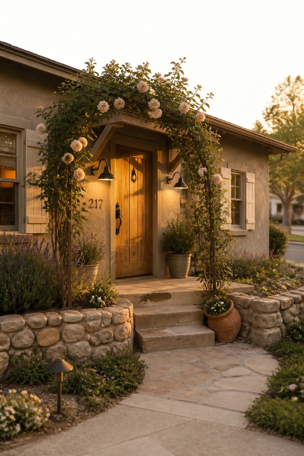 A light warm stucco house exterior with a wooden front door, arched rose vines, stone steps, and potted plants at the entry.