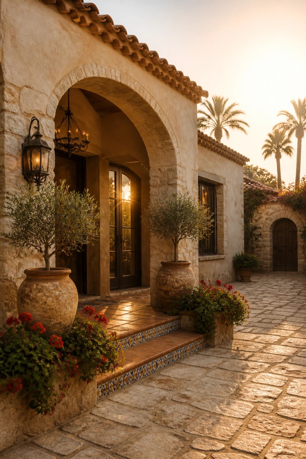 A stucco house with stone arch detailing, terracotta roof tiles, and large clay pots beside the entry door.
