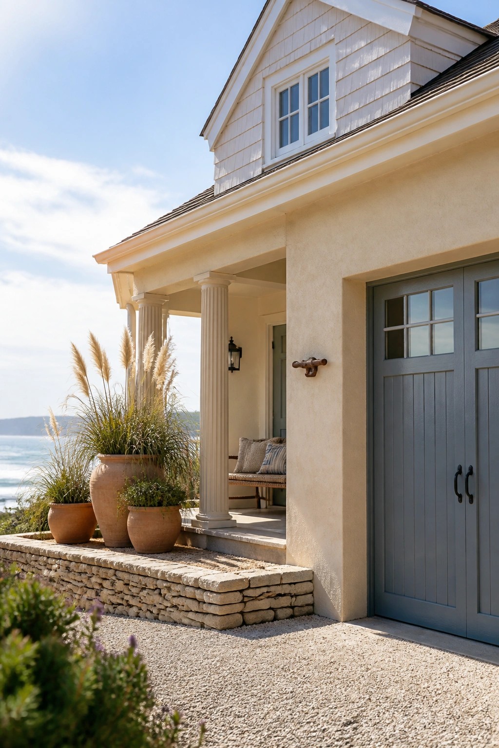 A house exterior with light beige stucco walls, white trim and columns, a blue-gray door, and terracotta pots on a low stone wall.