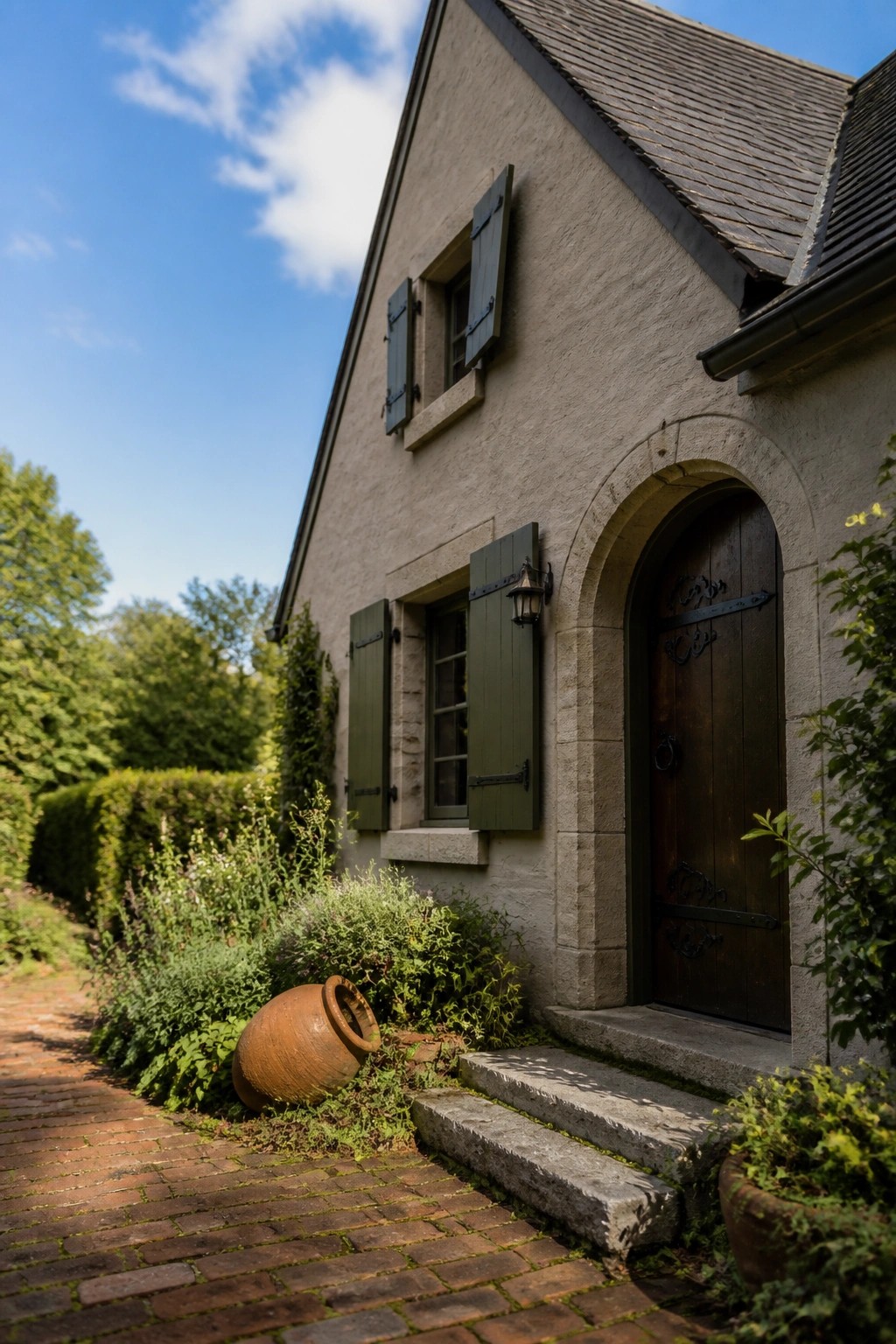 A light beige stucco house exterior with a dark wooden arched door, green shutters, stone steps, and a brick path.