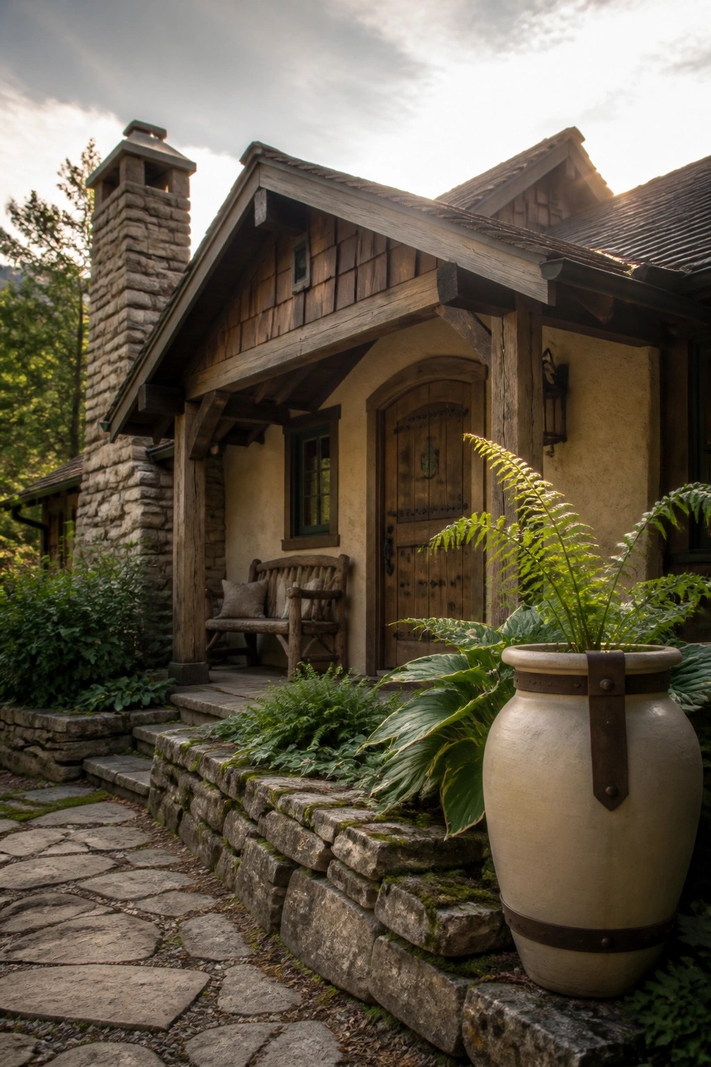 Rustic wooden cottage with stone chimney, bench, arched door, and large fern-filled vase