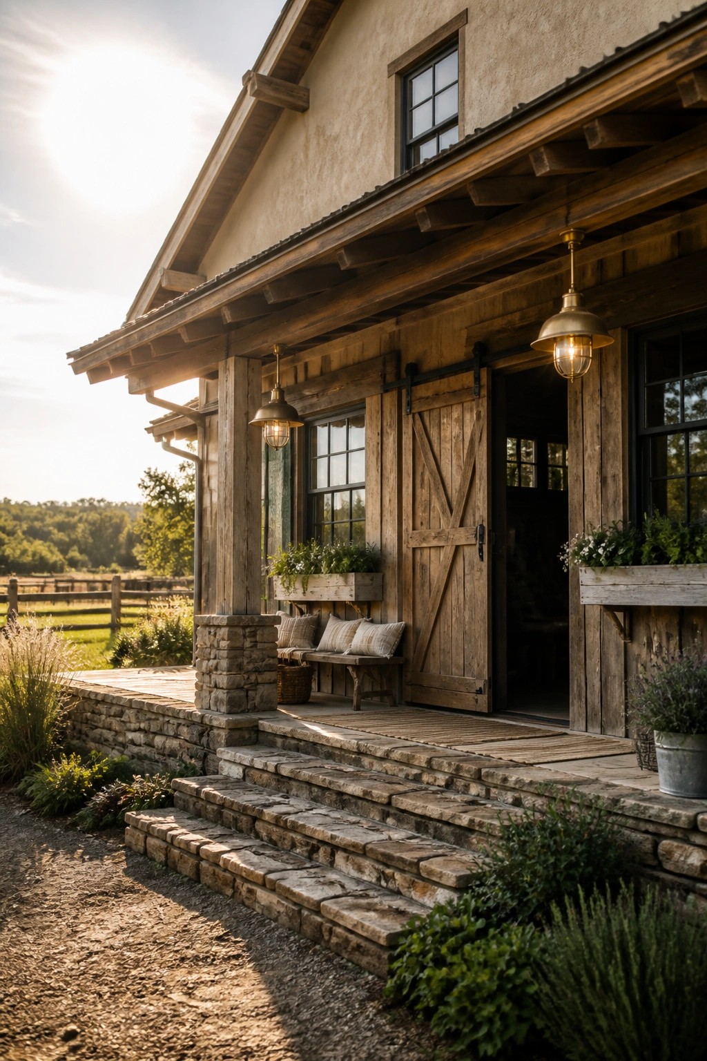 A house exterior featuring beige stucco walls, dark wood trim and doors, a stone foundation and steps, and a covered porch with hanging lights.