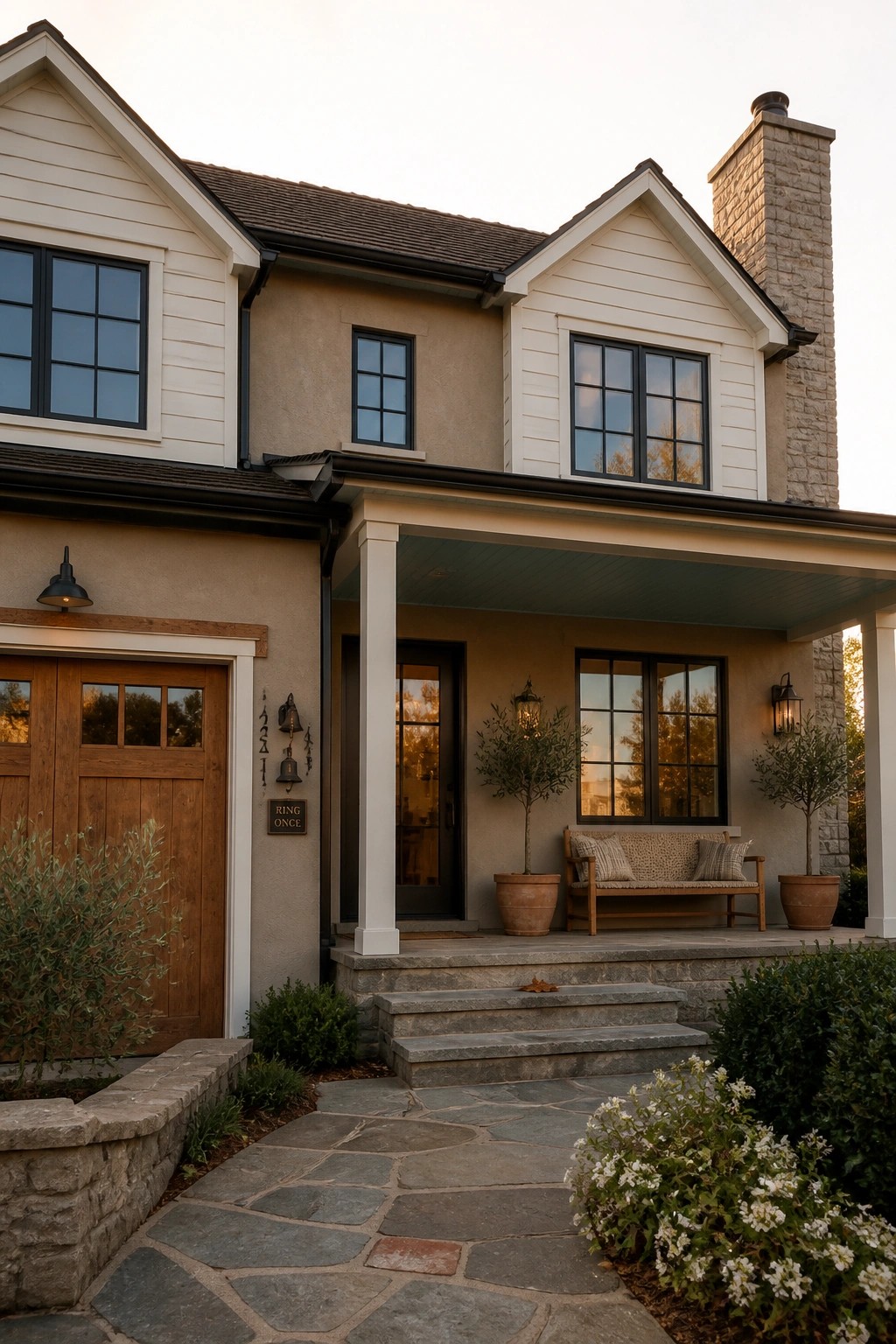 A two-story house exterior with beige stucco, cream siding, a stone chimney, black-framed windows, a wooden front door, and a covered porch with stone steps.