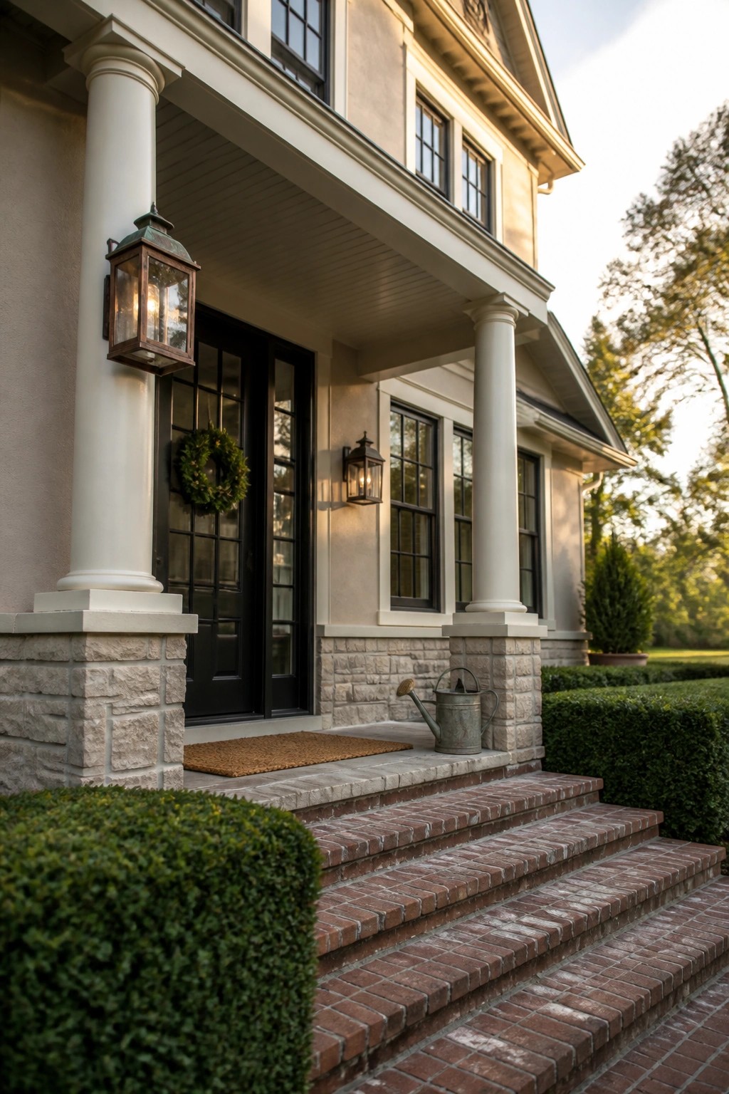 Front porch of a house with beige stucco walls, white columns on stone bases, a black front door with a wreath, black window frames, and brick steps.