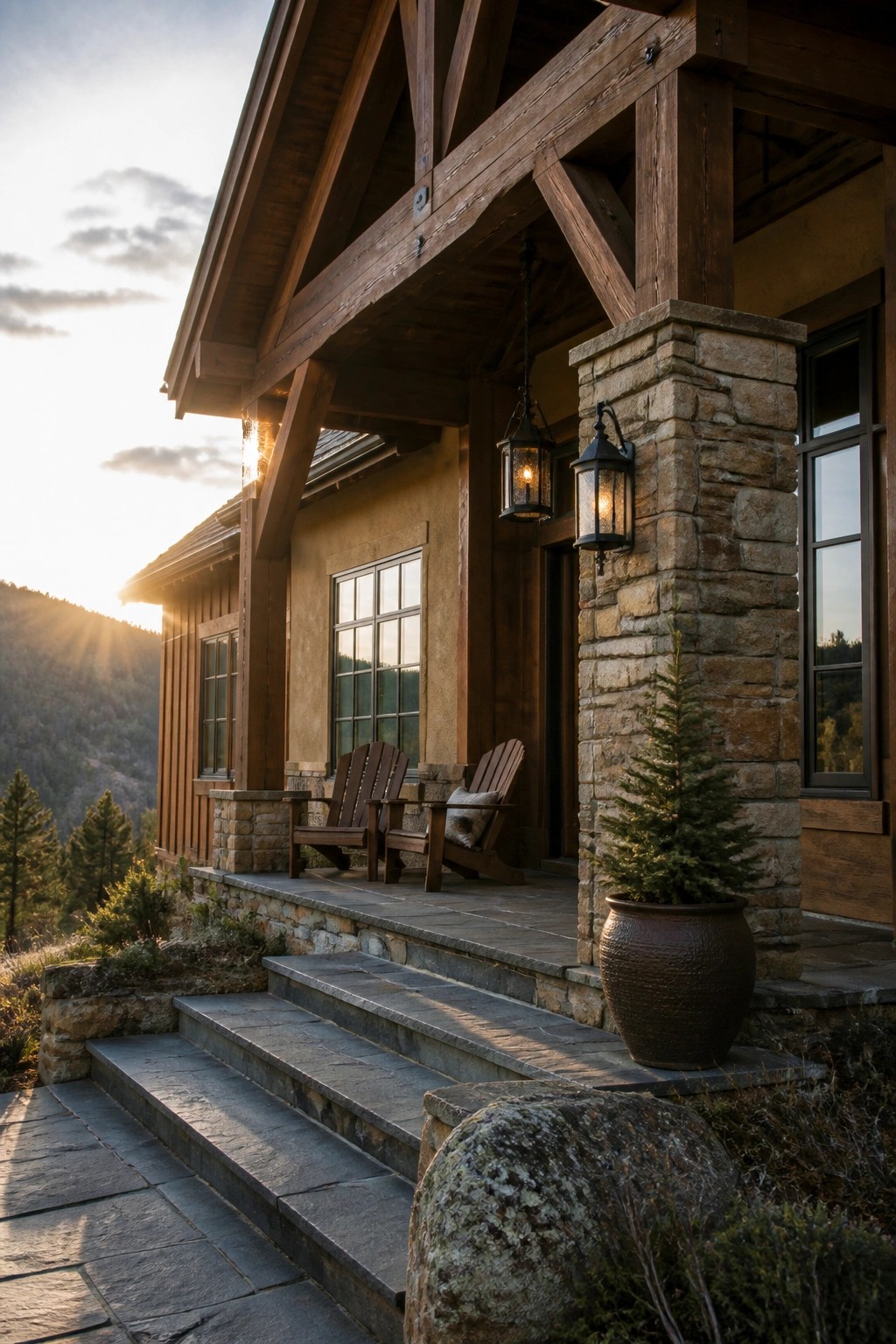 A house exterior featuring stucco walls, wooden beams and siding, stone pillars, a covered porch with two wooden chairs, and two lit lanterns.