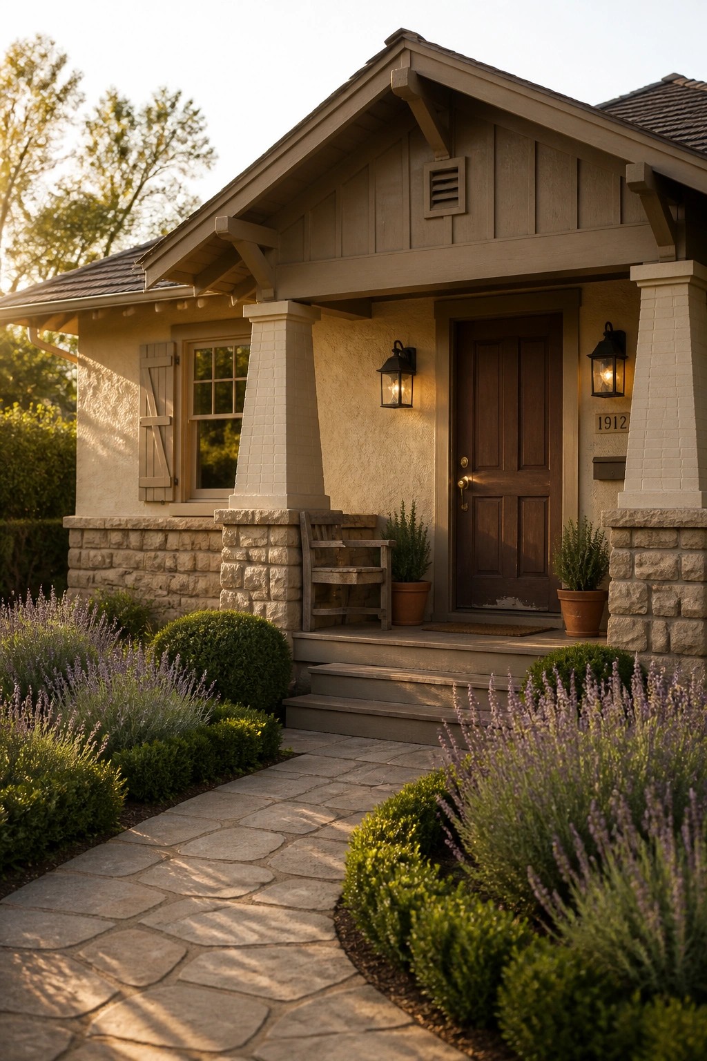 A house with warm taupe siding above a stone foundation, a dark wood front door, white brick columns, and a stone pathway bordered by shrubs and lavender.