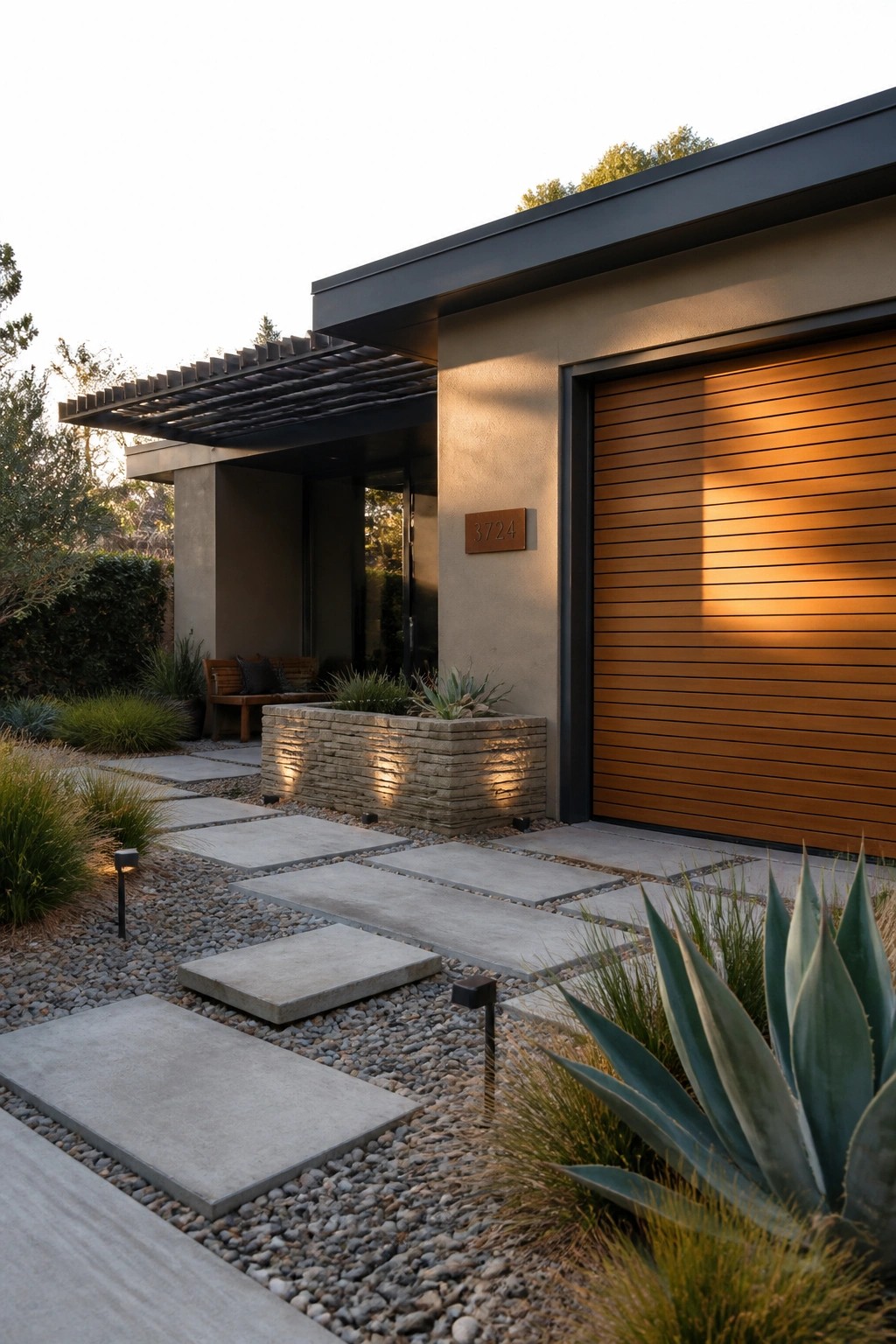Modern home with wooden garage door, concrete pavers on gravel, and agave plants.