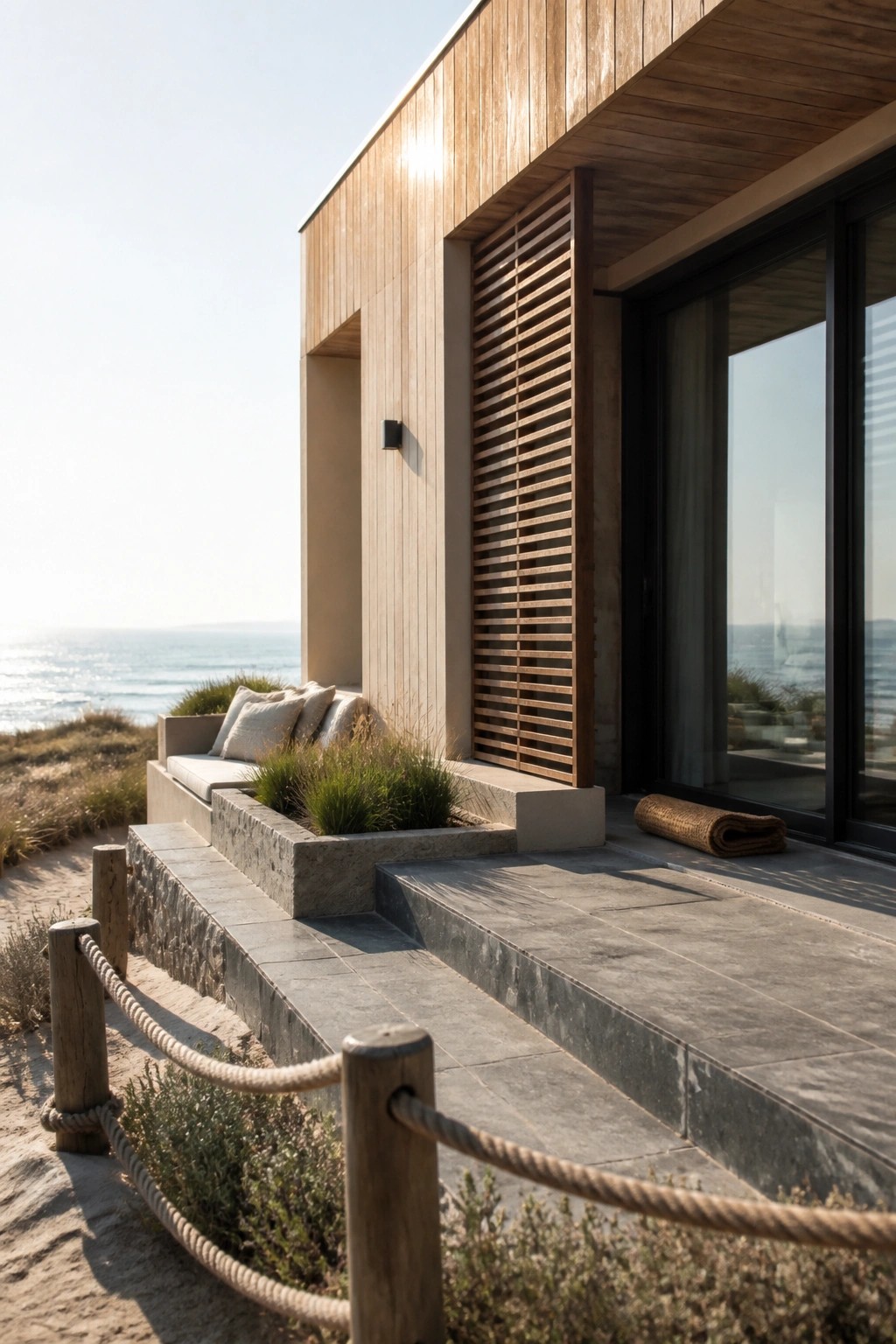 Modern house exterior with light wood siding, neutral stucco walls, large glass doors, and built-in seating on stone steps overlooking the ocean.