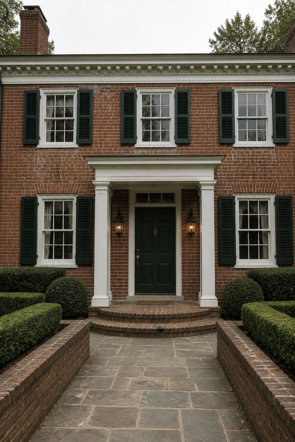 A two-story brick house with a dark green paneled door, white columns and trim, and dark green shutters on the windows.