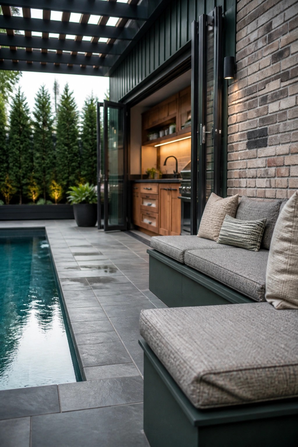 Outdoor patio with a dark green built-in bench, cushions, an outdoor kitchen with wood cabinets, a brick wall, and a swimming pool beside gray tile flooring.
