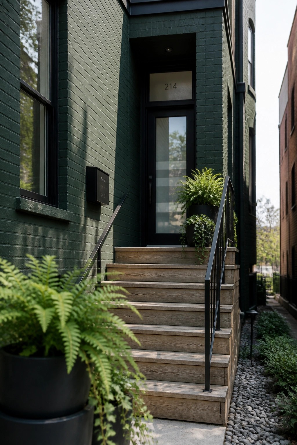 Front view of a dark green brick house with wooden stairs, black railings, a black door marked 214, and potted ferns beside the steps.