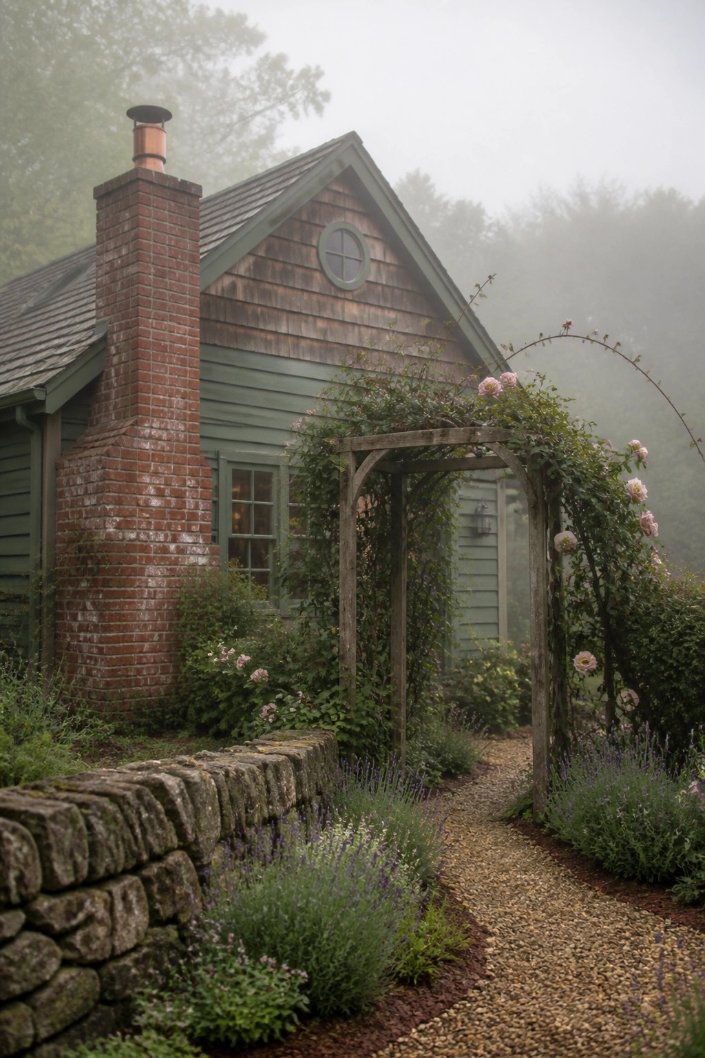 Rustic green cottage with brick chimney and rose-covered arch on foggy garden path