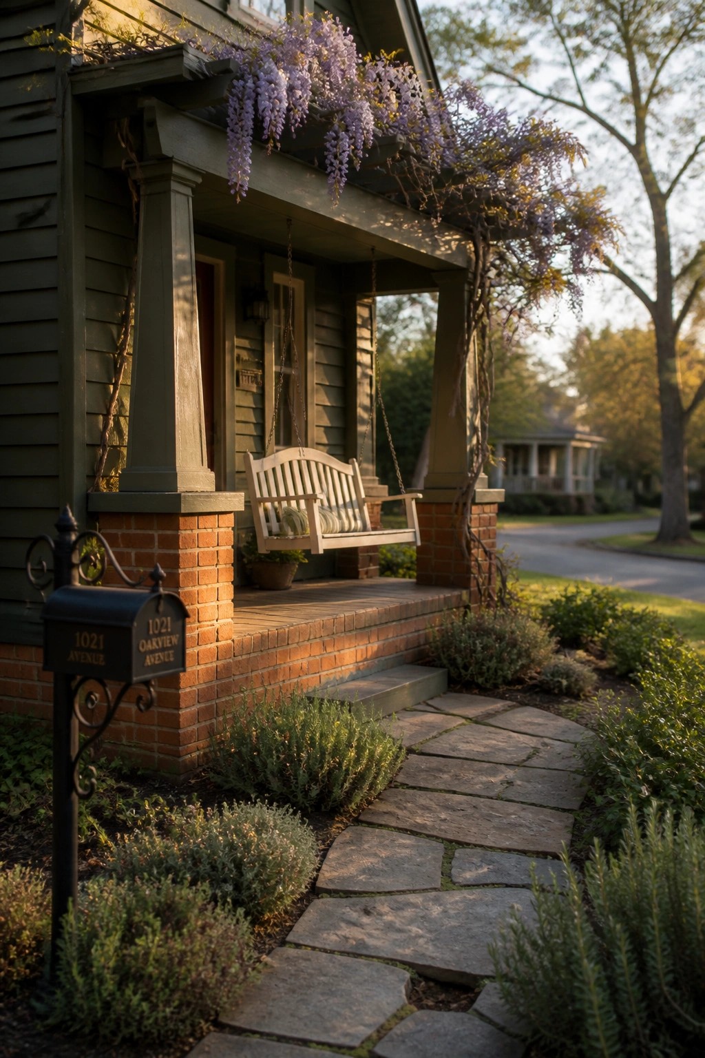 Stone path leads to porch swing under blooming purple wisteria on brick house