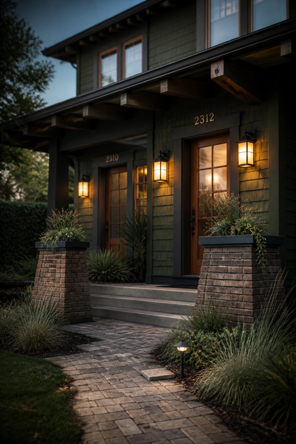 Front view of a two-story house with dark green siding, two wooden entry doors, brick columns holding planters, and a paved walkway with low lights.
