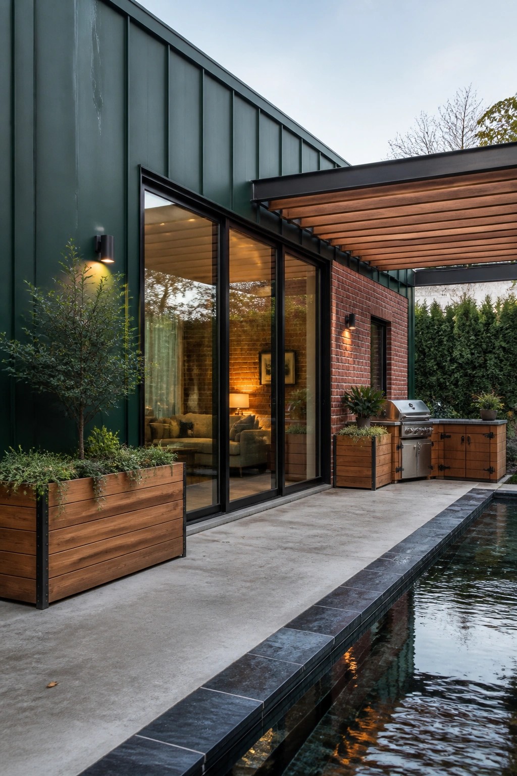 Modern house exterior with dark green metal siding, red brick walls, black-framed glass doors, wooden planters, and an outdoor kitchen area next to a pool.