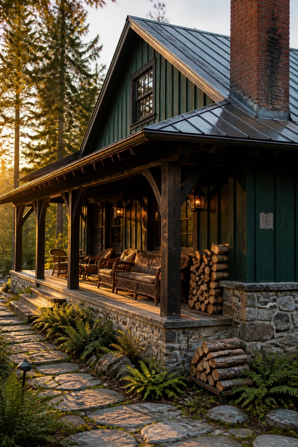 Rustic green cabin porch with wicker furniture, stacked firewood, stone path at sunset