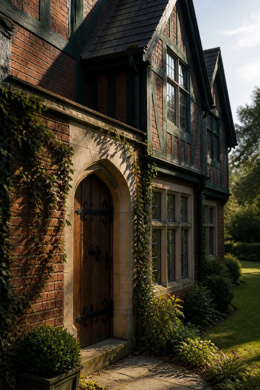 A brick house with dark green timber framing, a wooden arched door with black hardware, and ivy climbing along the stone entryway.