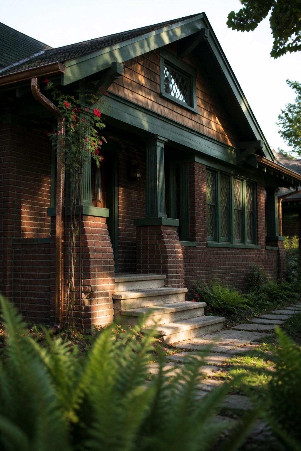 A brick and wood house exterior with dark green trim on the eaves, porch columns, and windows, featuring concrete steps and climbing red flowers along one side.