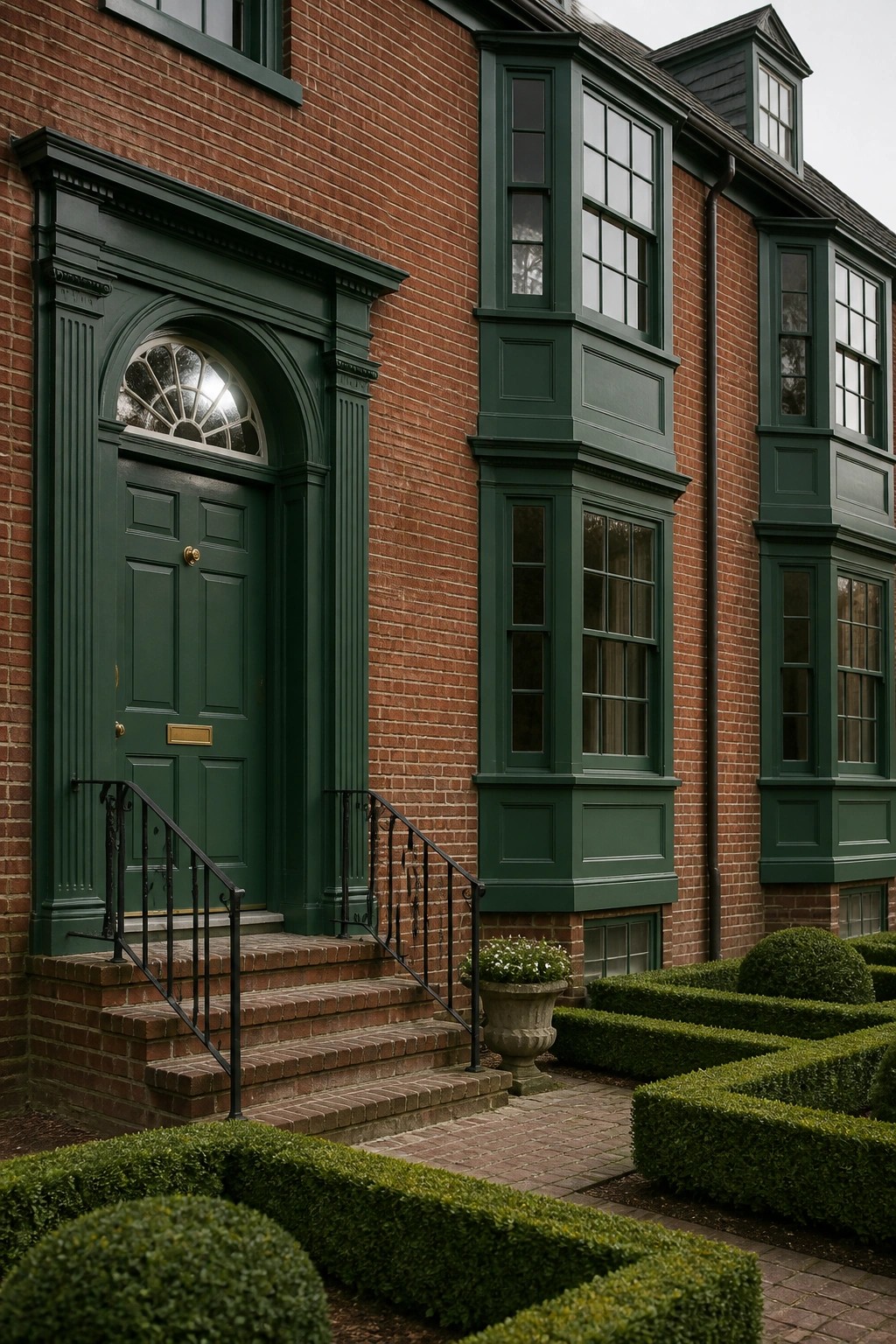 A red brick house exterior featuring dark green painted door, trim, and multi-paned bay windows, with brick steps leading to the entrance and neatly trimmed boxwood hedges in the foreground.