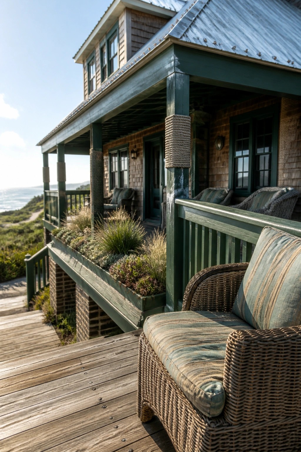 Wicker chair on green porch of coastal house overlooking ocean and deck