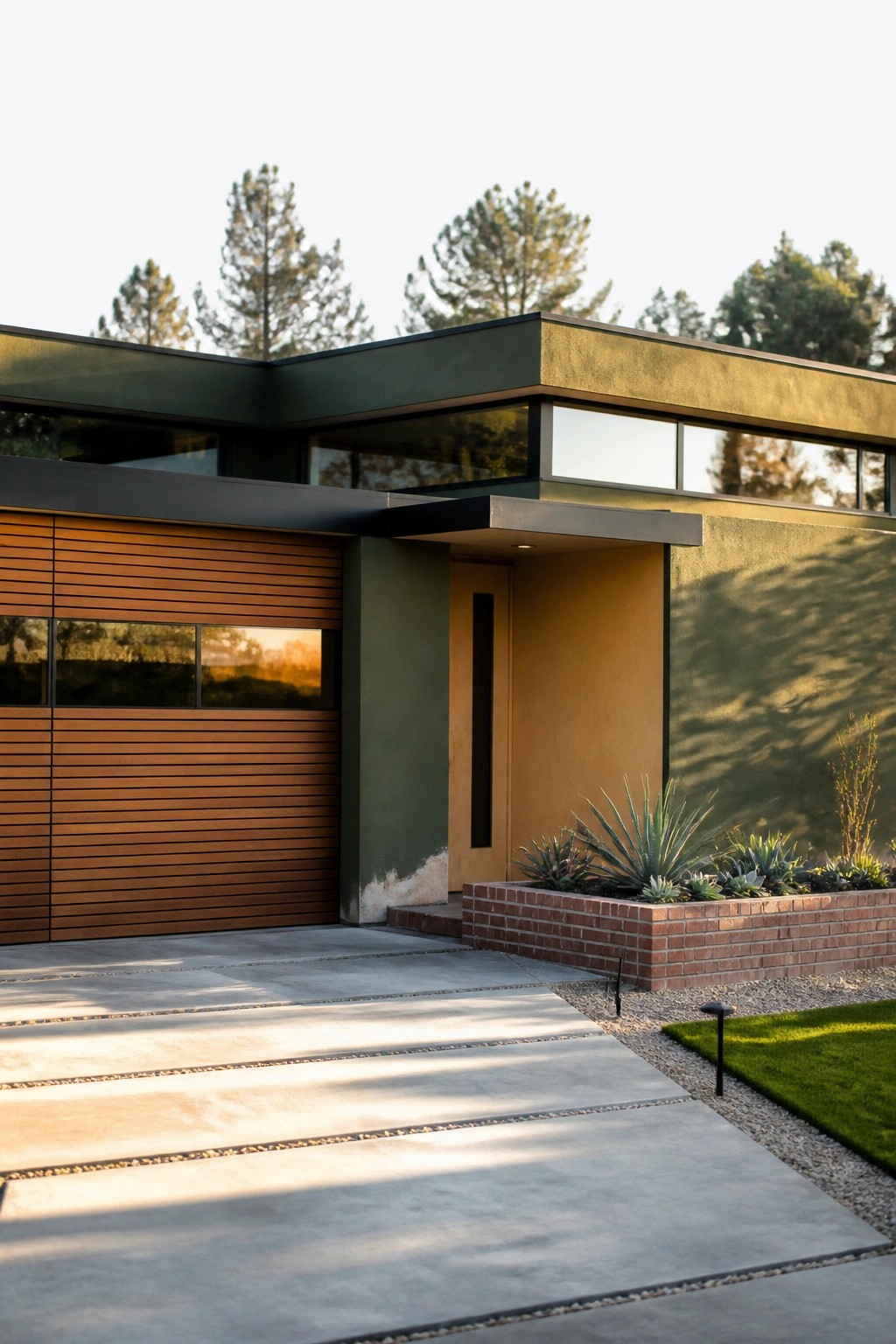 Modern house exterior with dark green walls, horizontal wood garage siding, a wooden entry door, and a low brick planter.