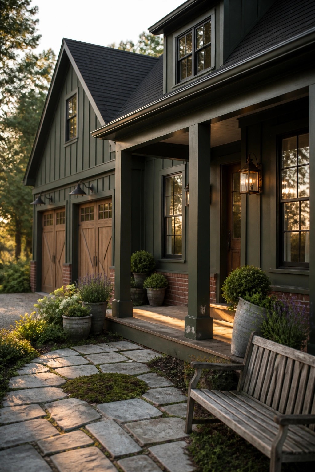A dark green house exterior with wooden garage doors, brick foundation, covered porch, and stone pathway in front.