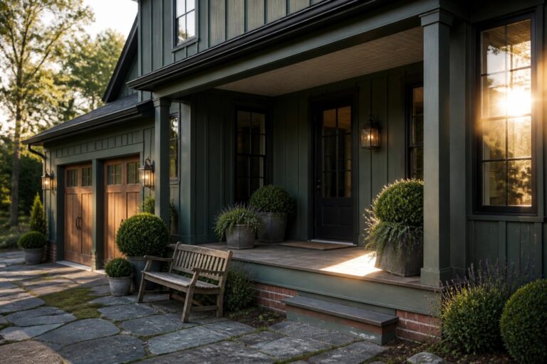 A dark green house exterior with wooden garage doors, brick foundation, covered porch, and stone pathway in front.