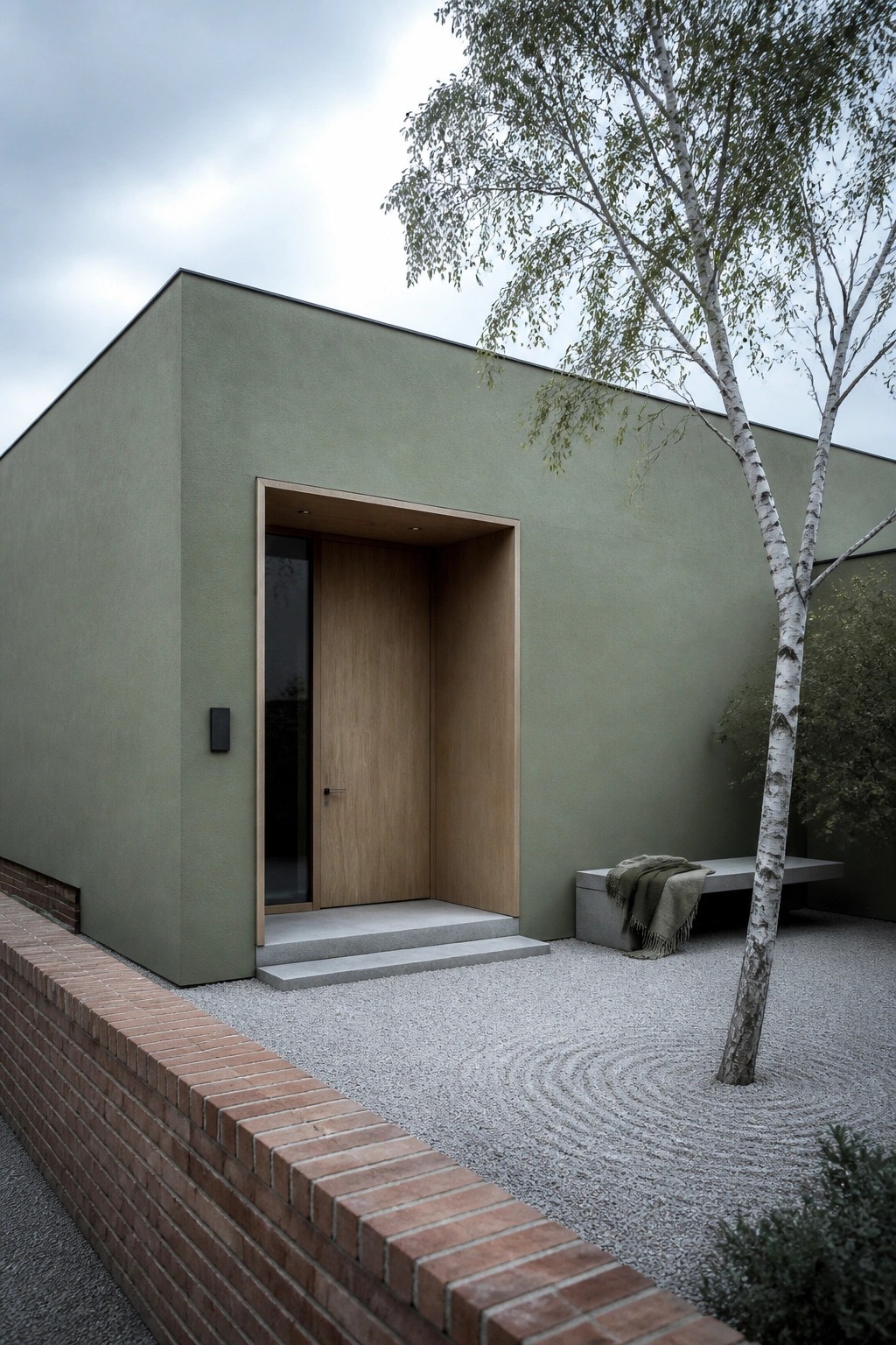 A modern house with green stucco walls, a recessed wooden entry door, a low brick wall on the left, and a gravel courtyard with a birch tree on the right.