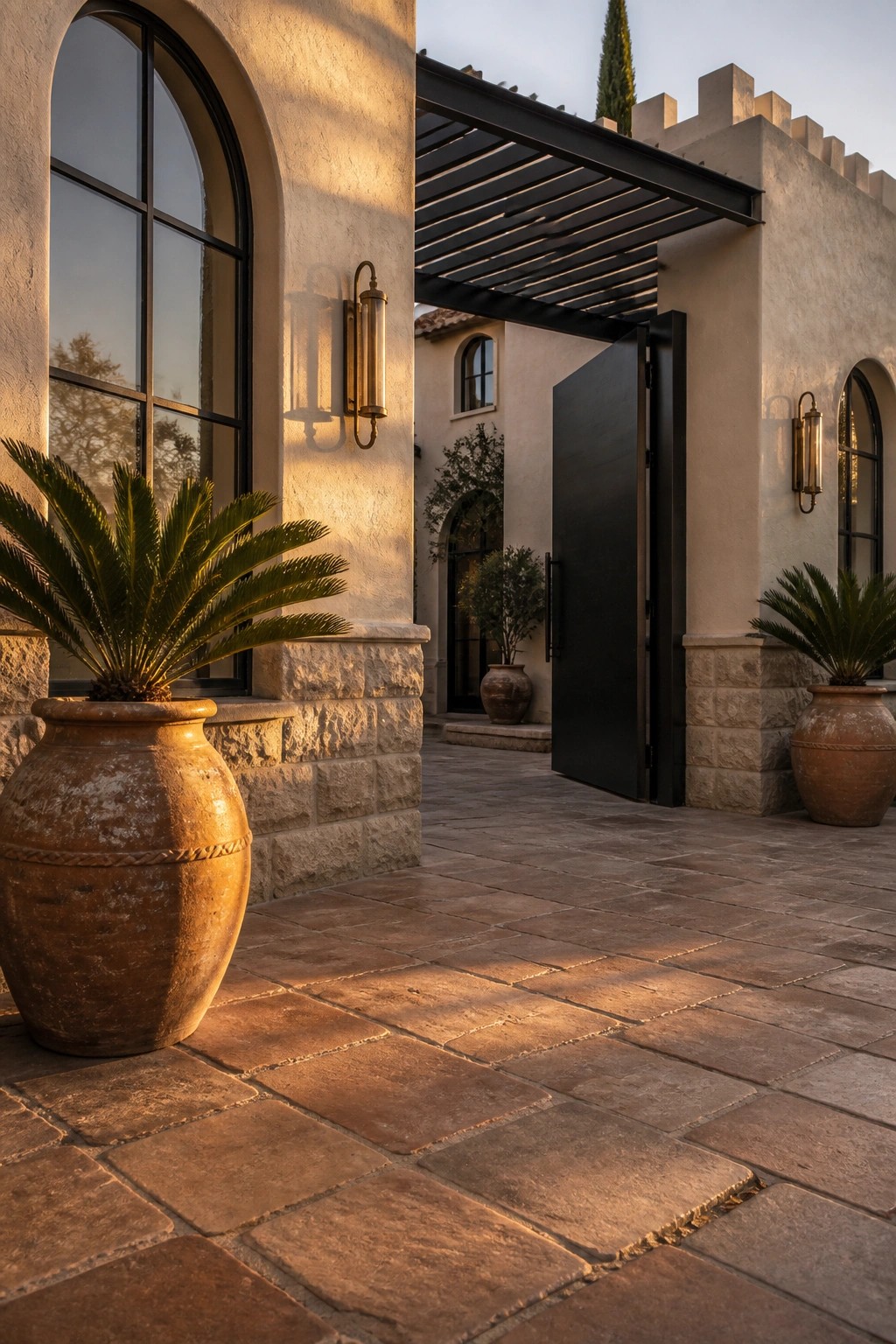 Stone courtyard with terracotta pots, arched window, and open black door at dusk